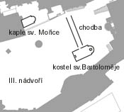Nákres dispozice základů kostela sv. Bartoloměje na 3. hradním nádvoří.